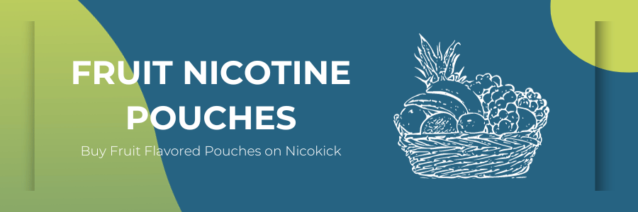 A drawing of a basket of fruit on a blue background - Fruit Flavored Nicotine Pouches on Nicokick